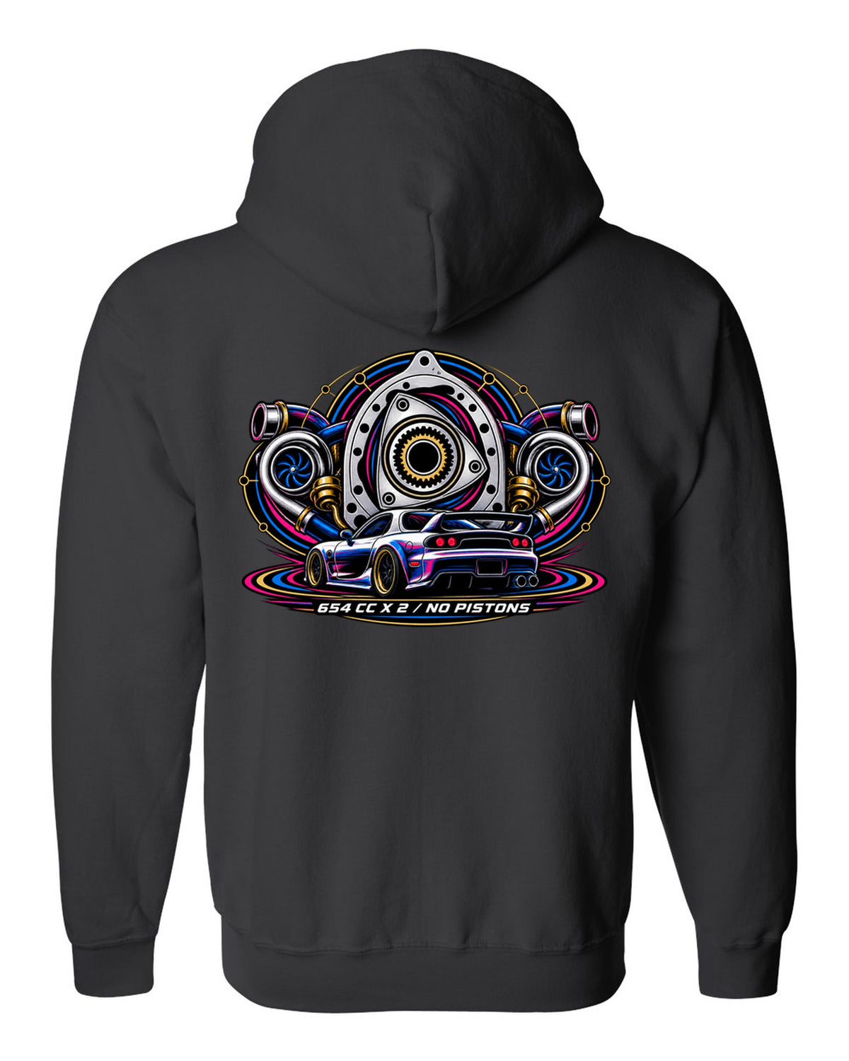 Two-colour riso style rear view print of a Mazda RX-7 FD3S with text $800, FD3S, Runs black zip hoodie back view with the design