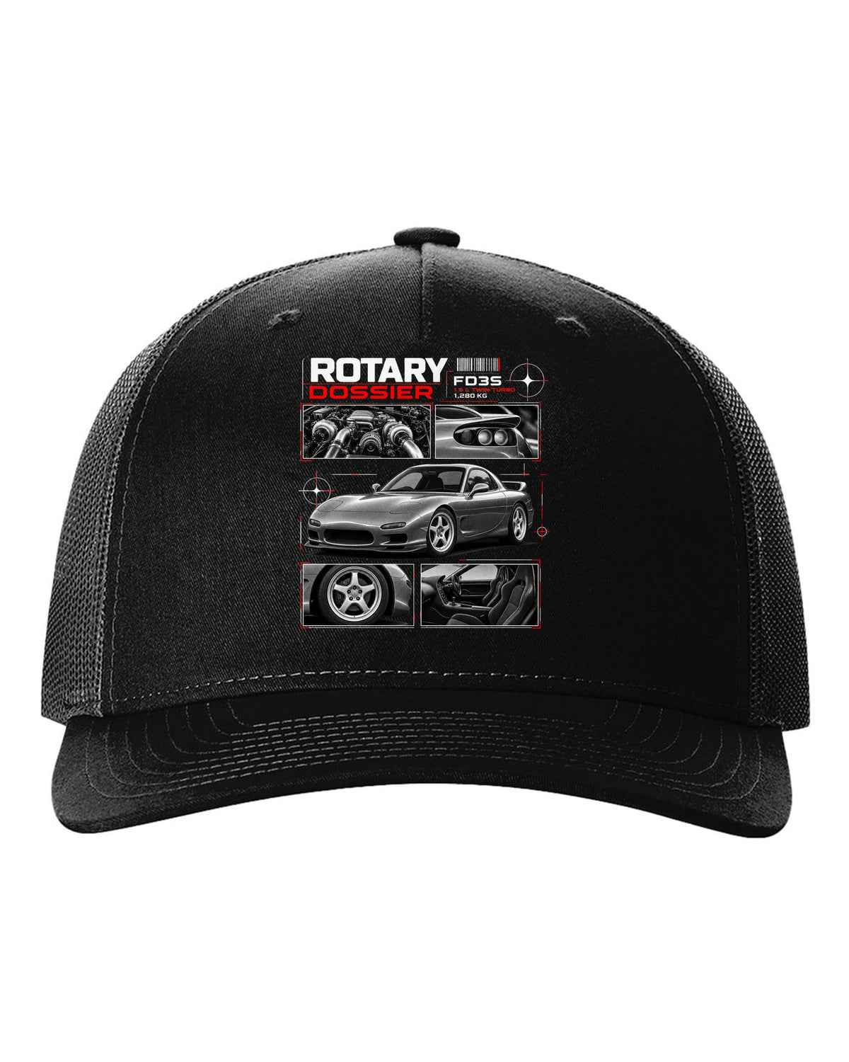 Dossier print of a Mazda RX-7 FD3S front three-quarter with detail panels black hat front view with the design