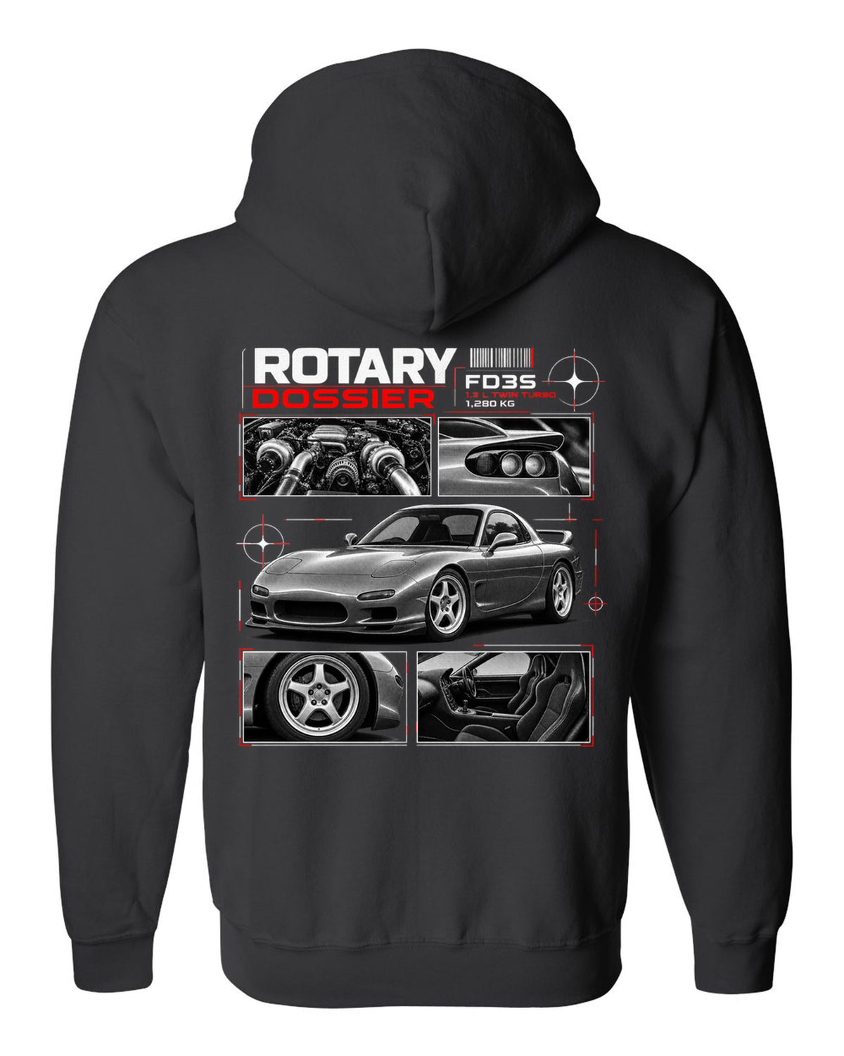 Dossier print of a Mazda RX-7 FD3S front three-quarter with detail panels black zip hoodie back view with the design