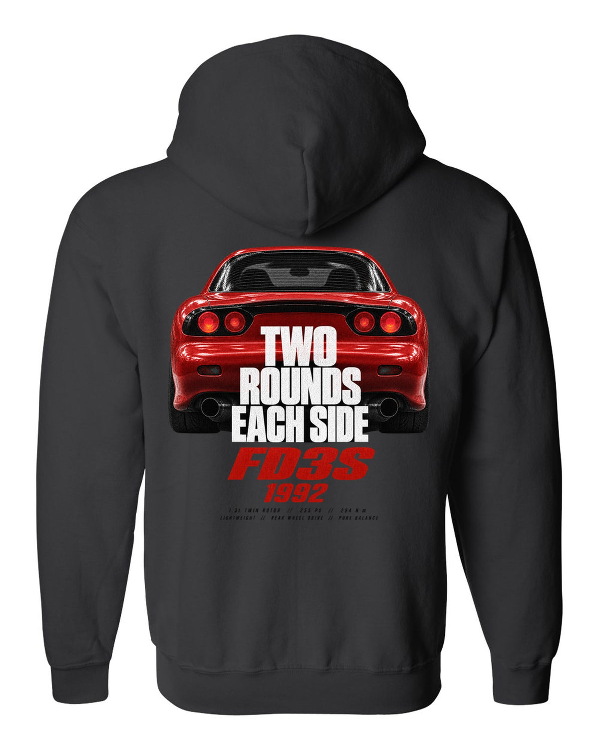 Taillight macro print of a Mazda RX-7 FD3S with round lamps black zip hoodie back view with the design