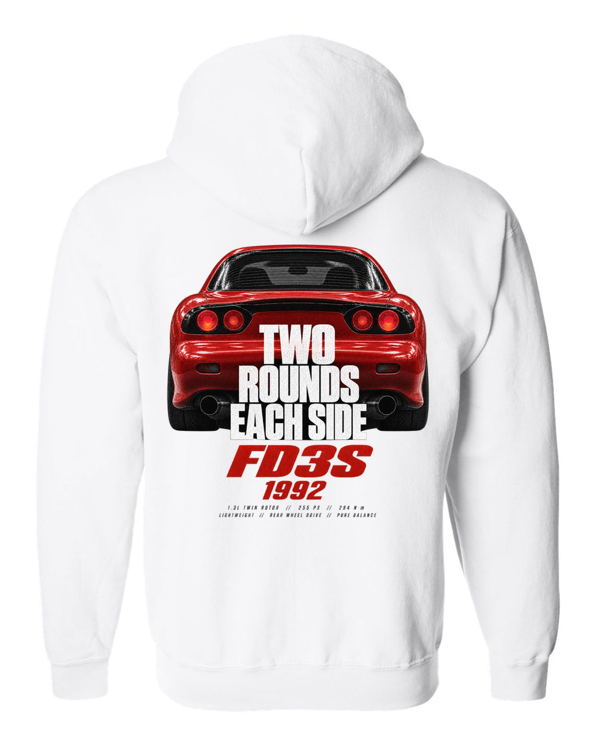 Taillight macro print of a Mazda RX-7 FD3S with round lamps white zip hoodie back view with the design