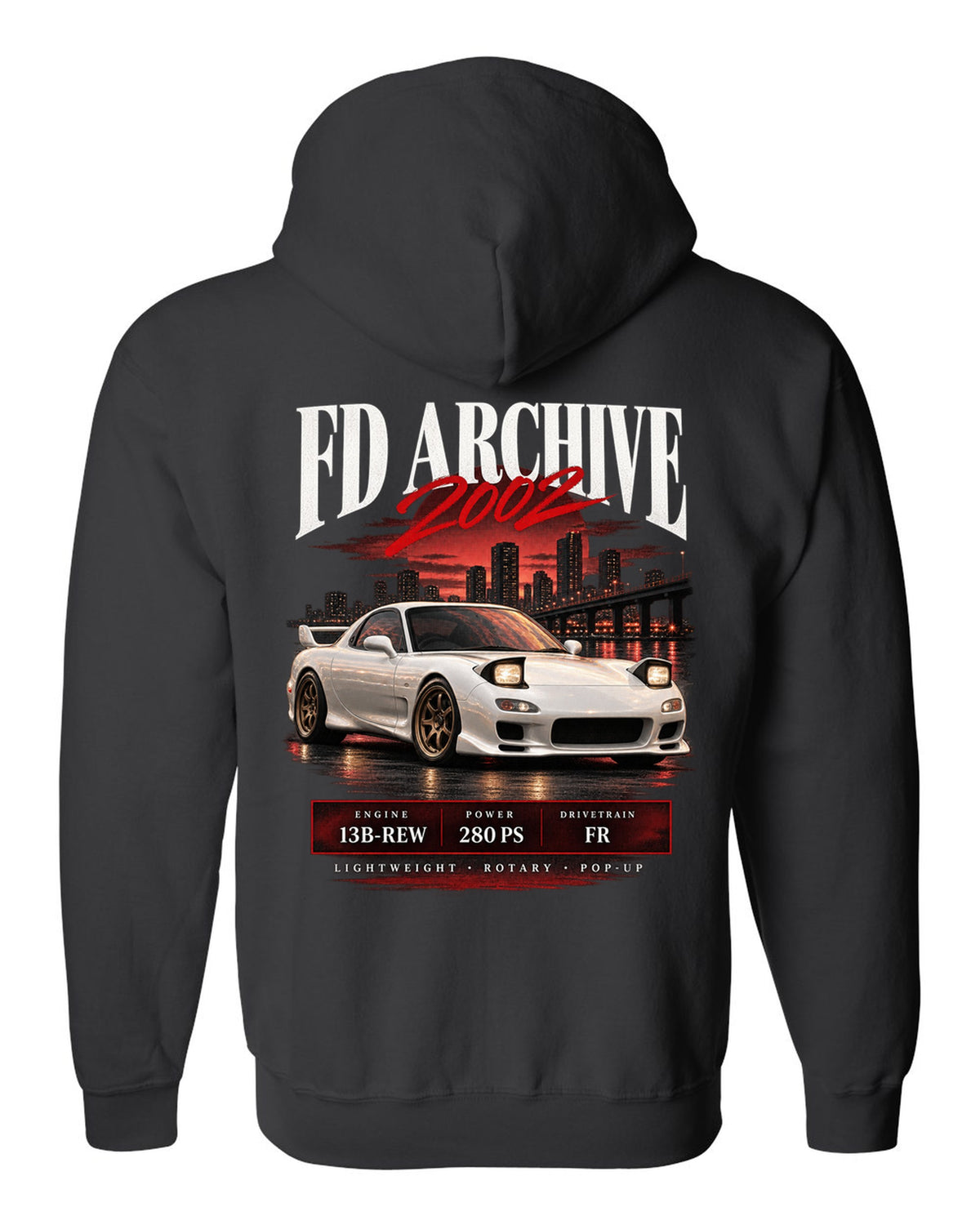 Archive panel print of the Mazda RX-7 FD3S Spirit R 2002 with spec lettering black zip hoodie back view with the design