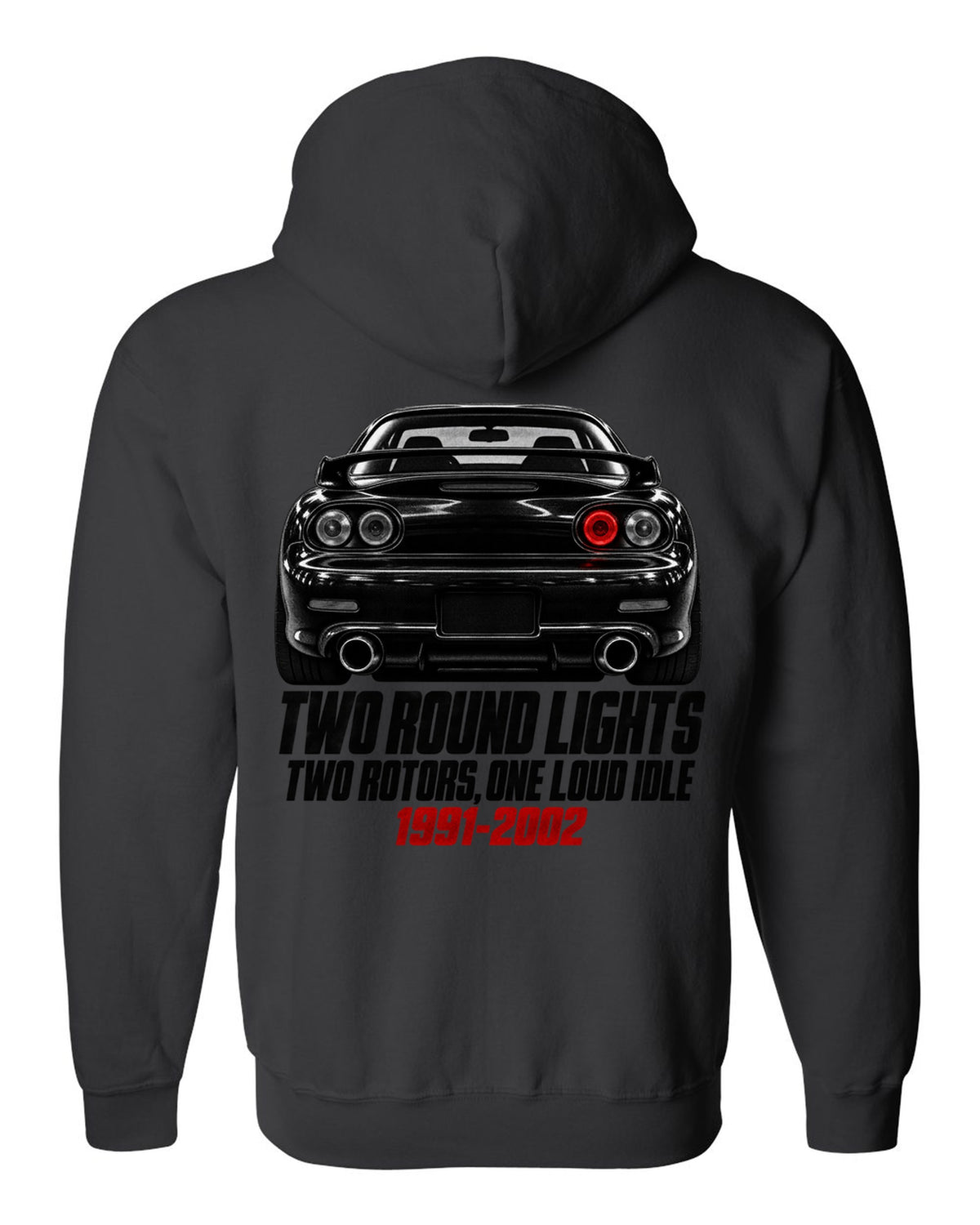Taillight detail print of a Mazda RX-7 FD3S with two round lamps black zip hoodie back view with the design