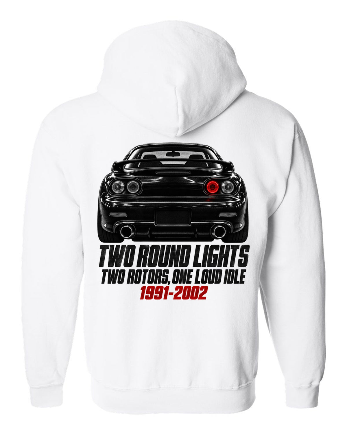 Taillight detail print of a Mazda RX-7 FD3S with two round lamps white zip hoodie back view with the design