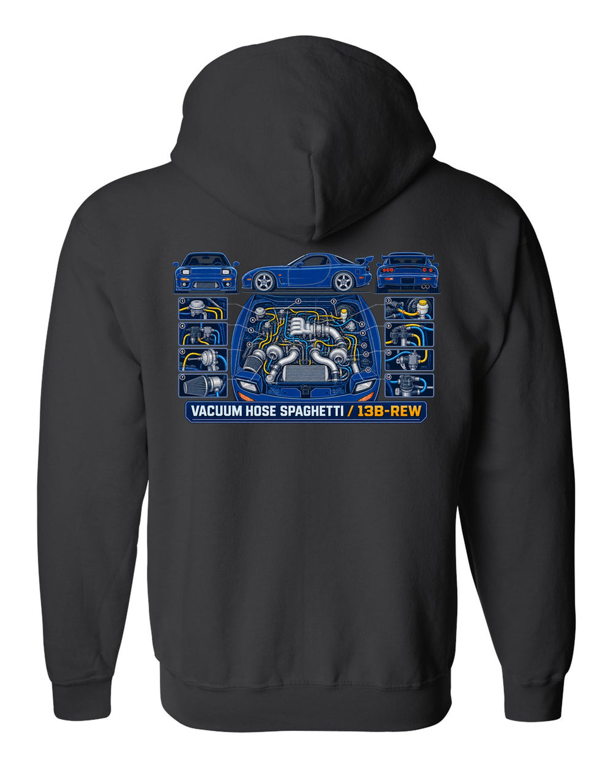 Patent drawing schematic print of a Mazda RX-7 FD3S 13B-REW with text Vacuum Hose Spaghetti black zip hoodie back view with the design