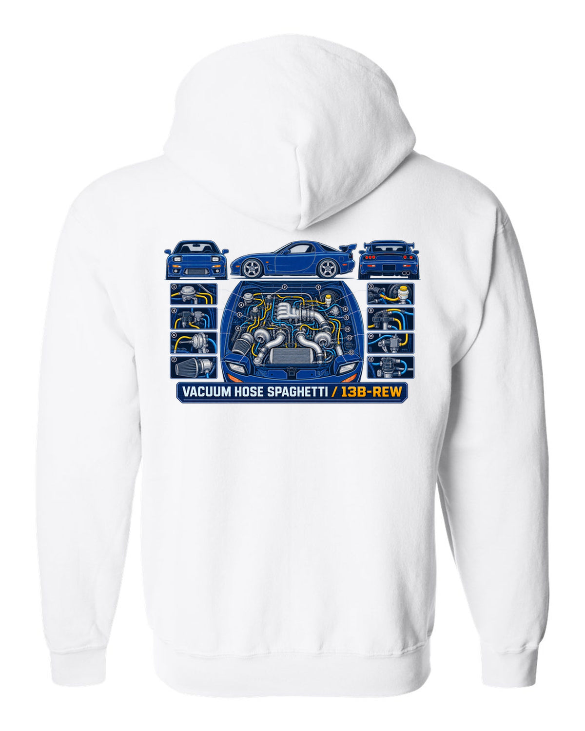 Patent drawing schematic print of a Mazda RX-7 FD3S 13B-REW with text Vacuum Hose Spaghetti white zip hoodie back view with the design