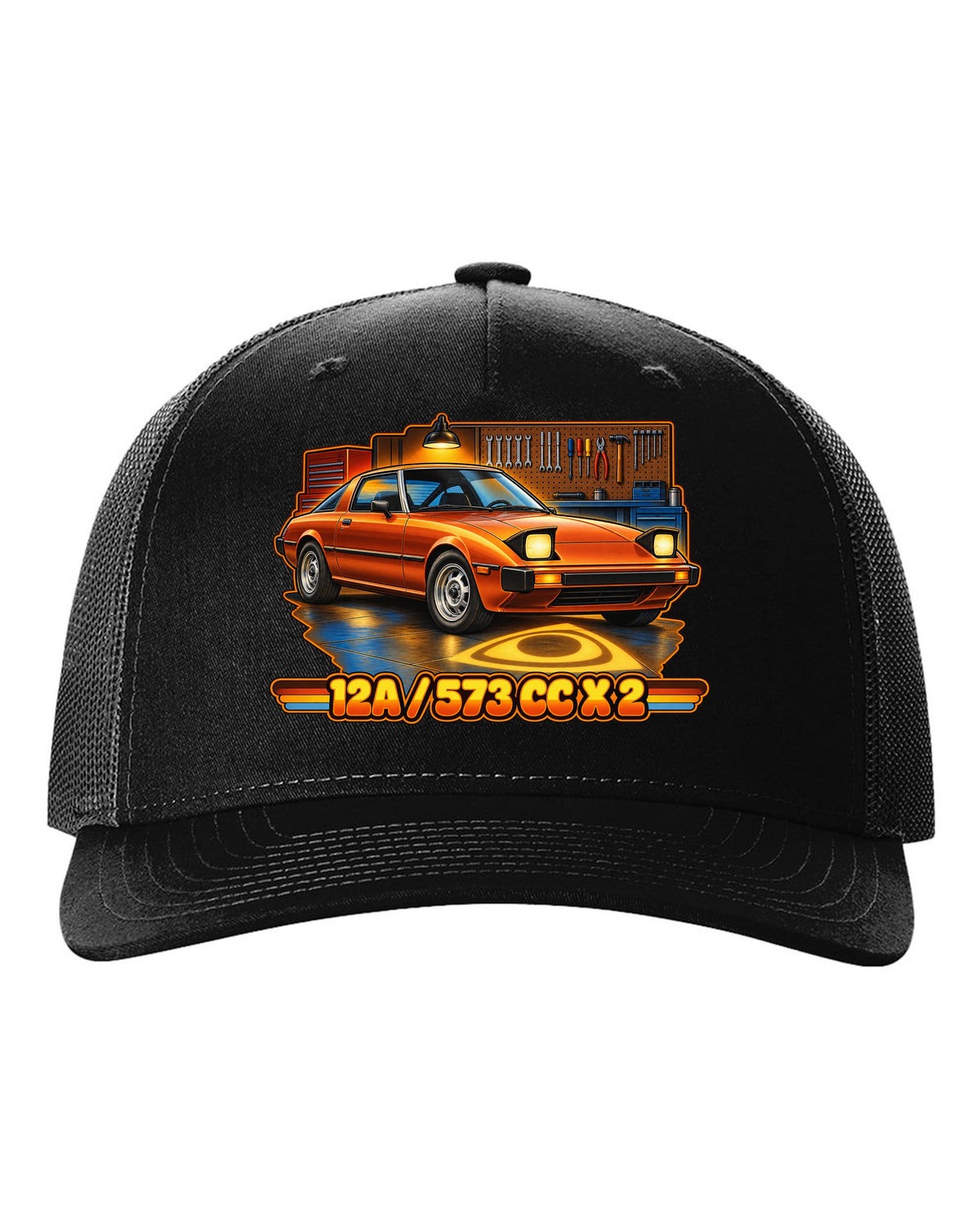 Seventies airbrush poster print of a Mazda RX-7 SA22C with the text 12A, 573 cc x 2 black hat front view with the design