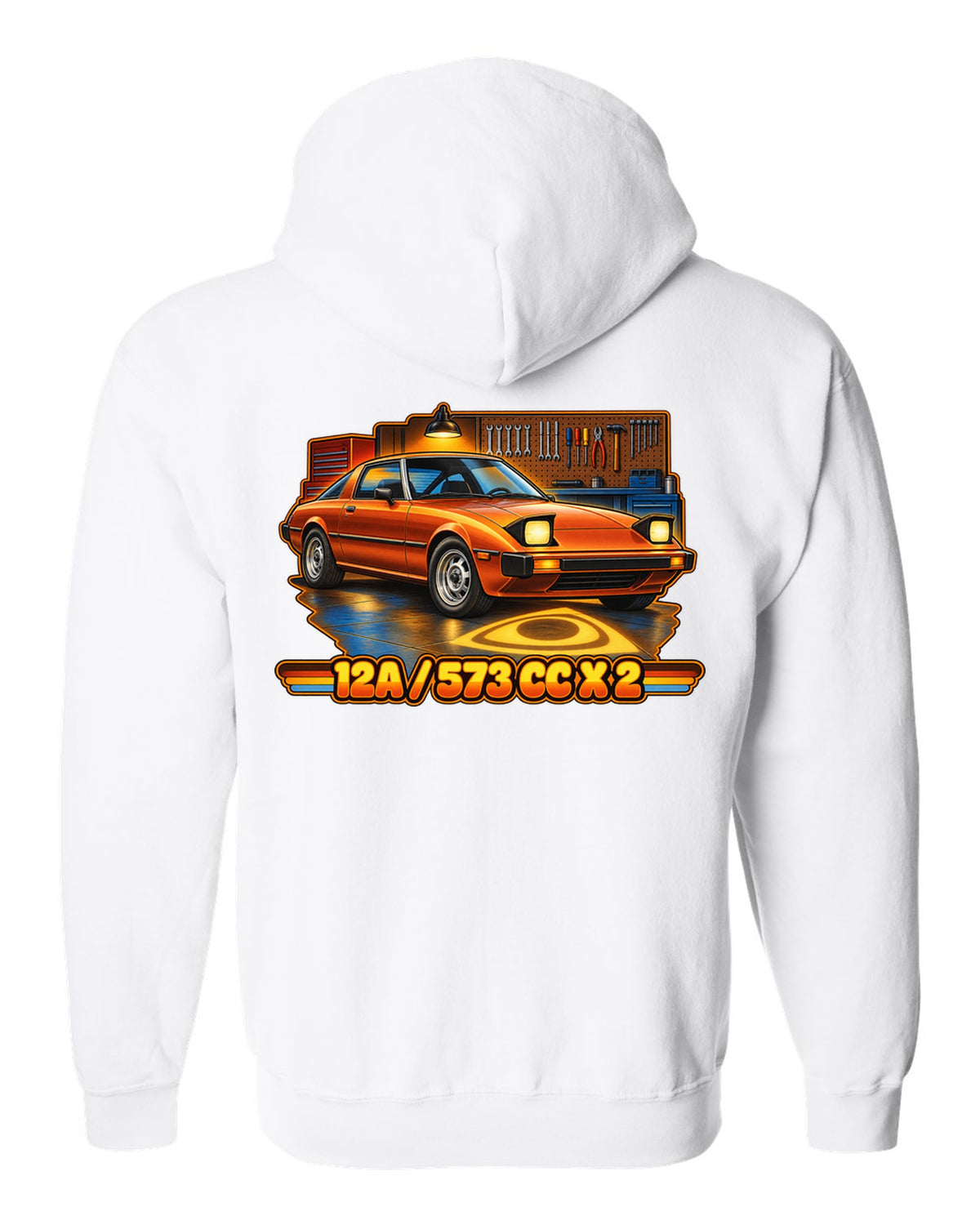 Seventies airbrush poster print of a Mazda RX-7 SA22C with the text 12A, 573 cc x 2 white zip hoodie back view with the design