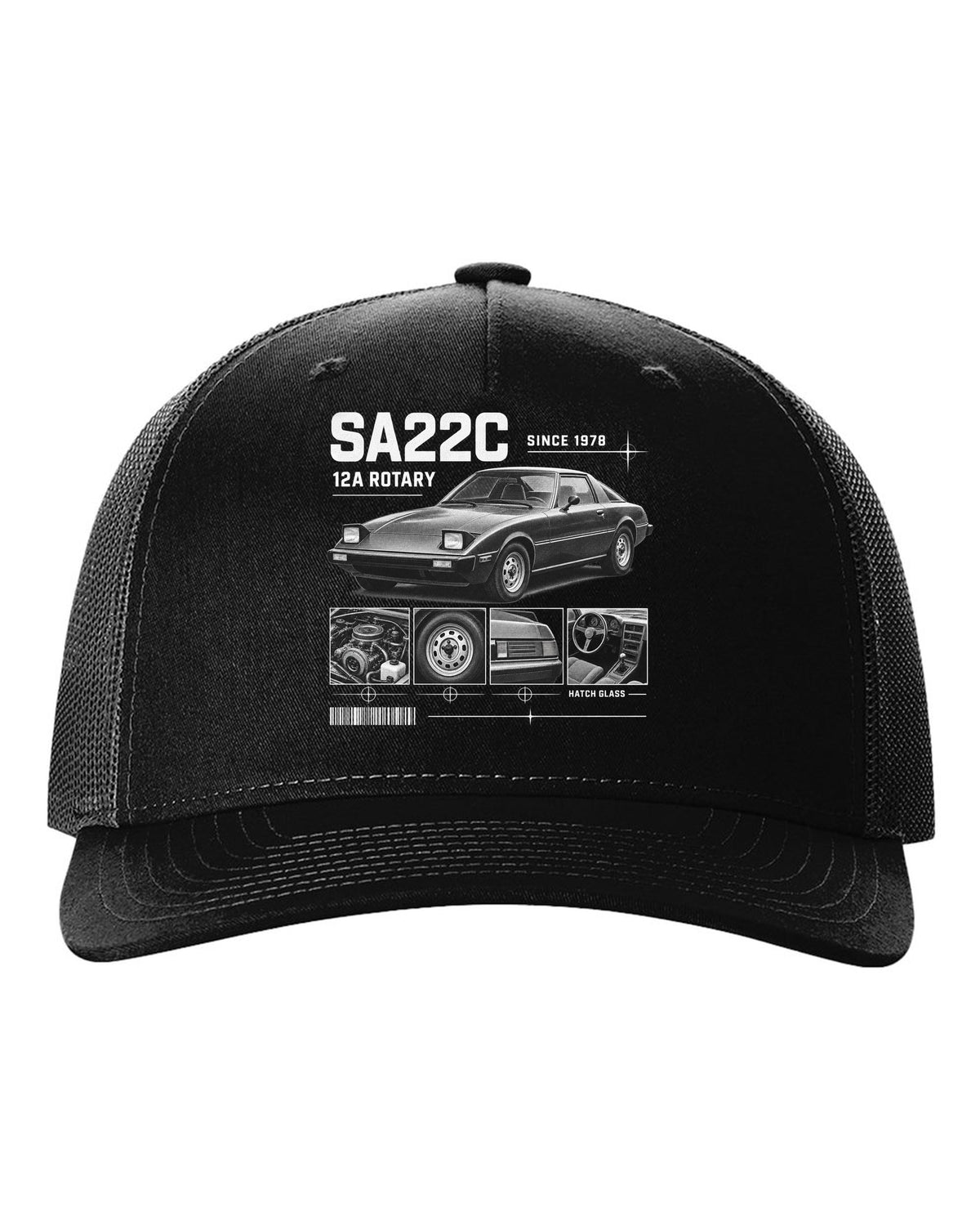 Dossier panel print of a Mazda RX-7 SA22C with 12A rotary lettering black hat front view with the design