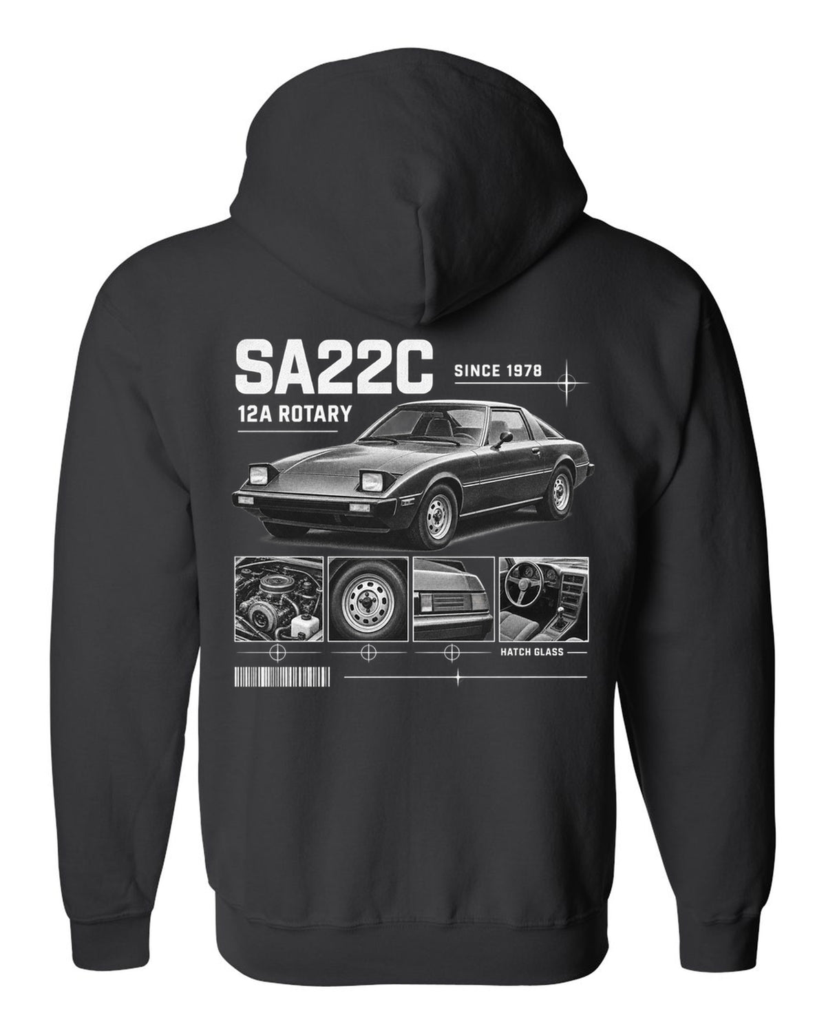 Dossier panel print of a Mazda RX-7 SA22C with 12A rotary lettering black zip hoodie back view with the design