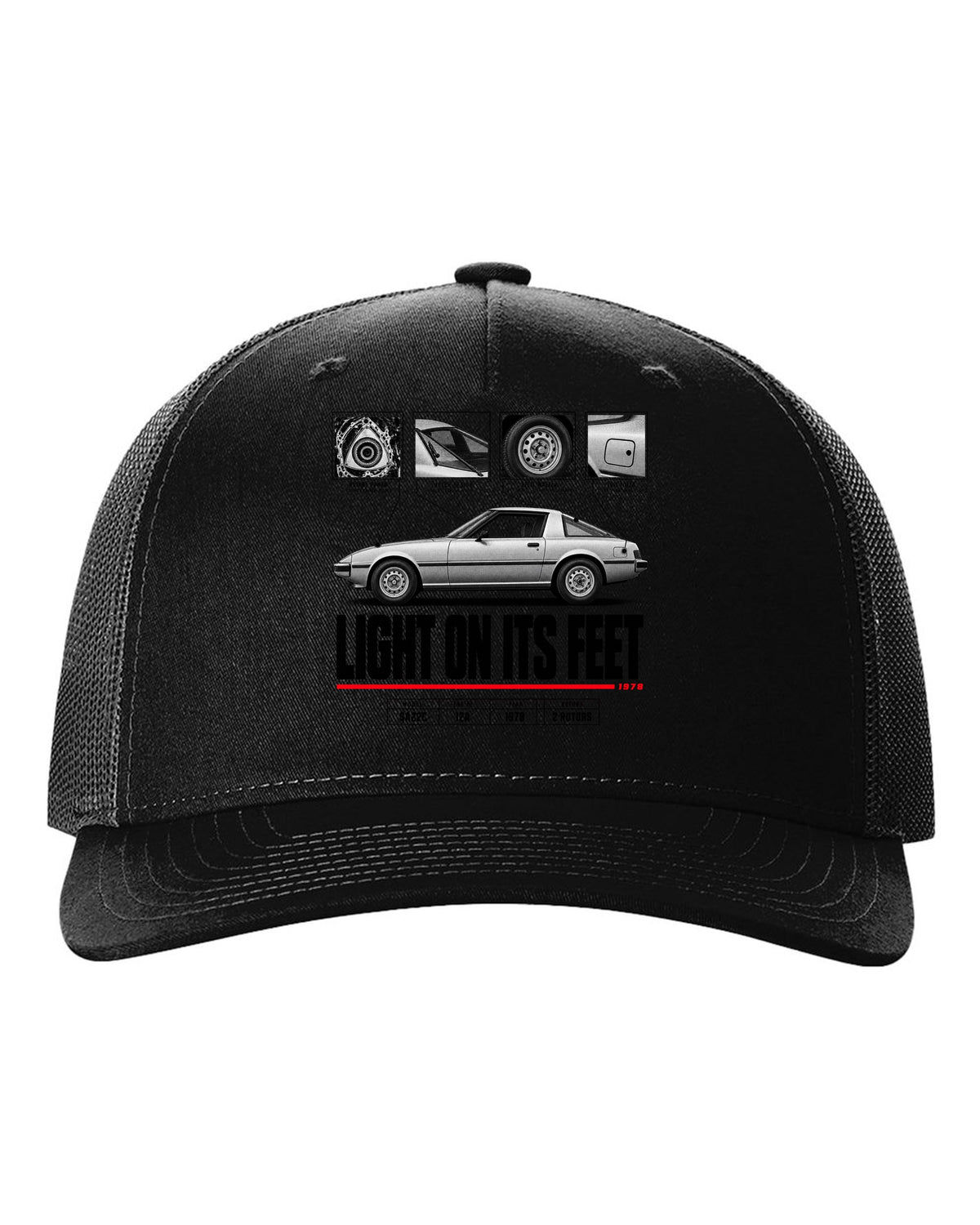 Spec poster print of a Mazda RX-7 SA22C Savanna with 12A lettering black hat front view with the design