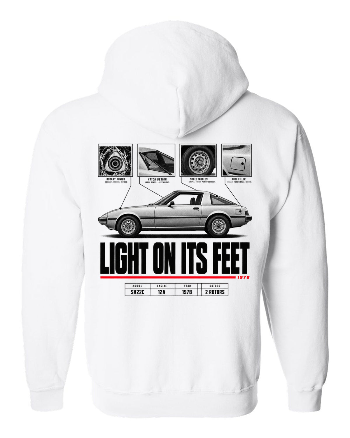 Spec poster print of a Mazda RX-7 SA22C Savanna with 12A lettering white zip hoodie back view with the design