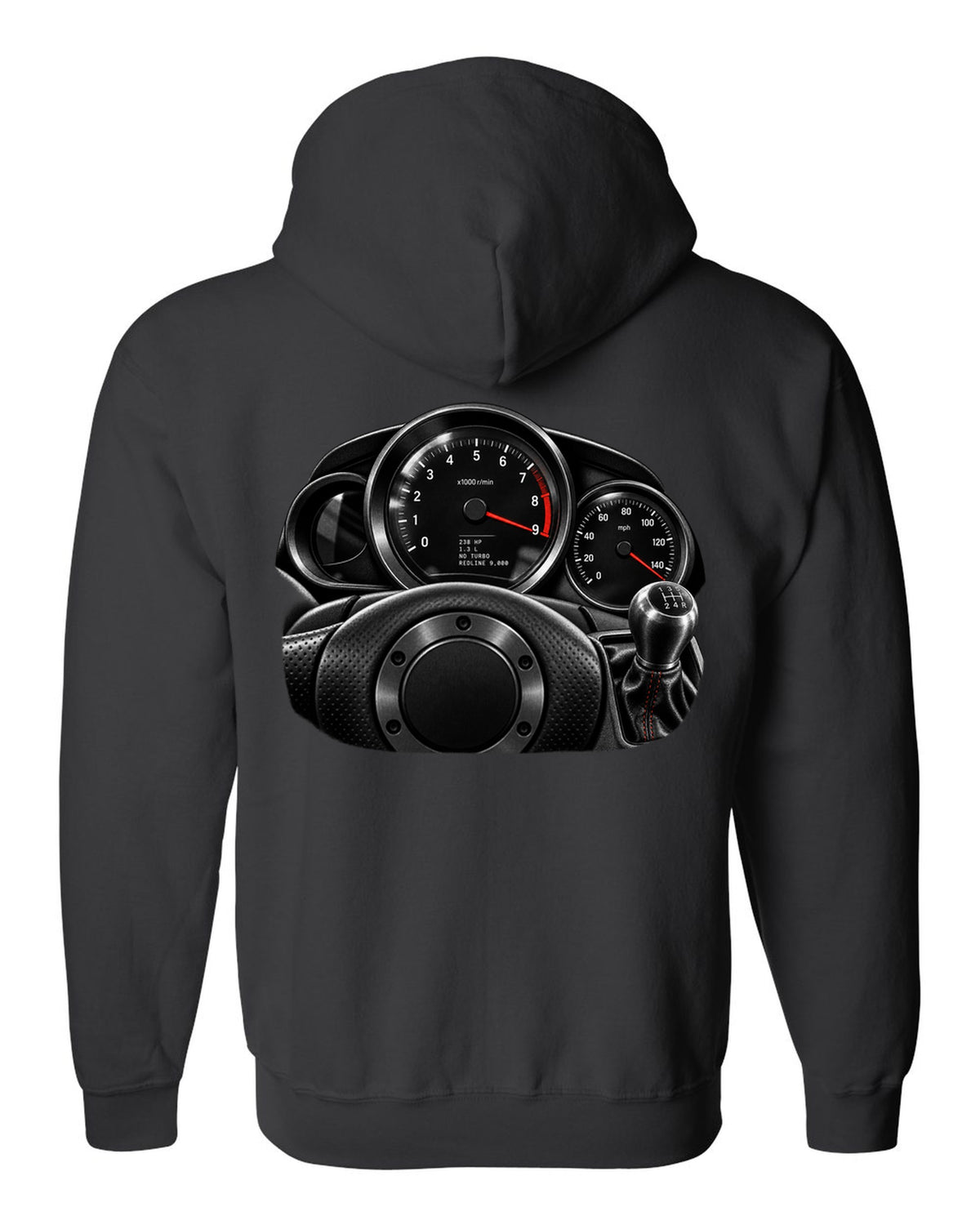 Gauge cluster print of a Mazda RX-8 SE3P with 9,000 redline lettering black zip hoodie back view with the design