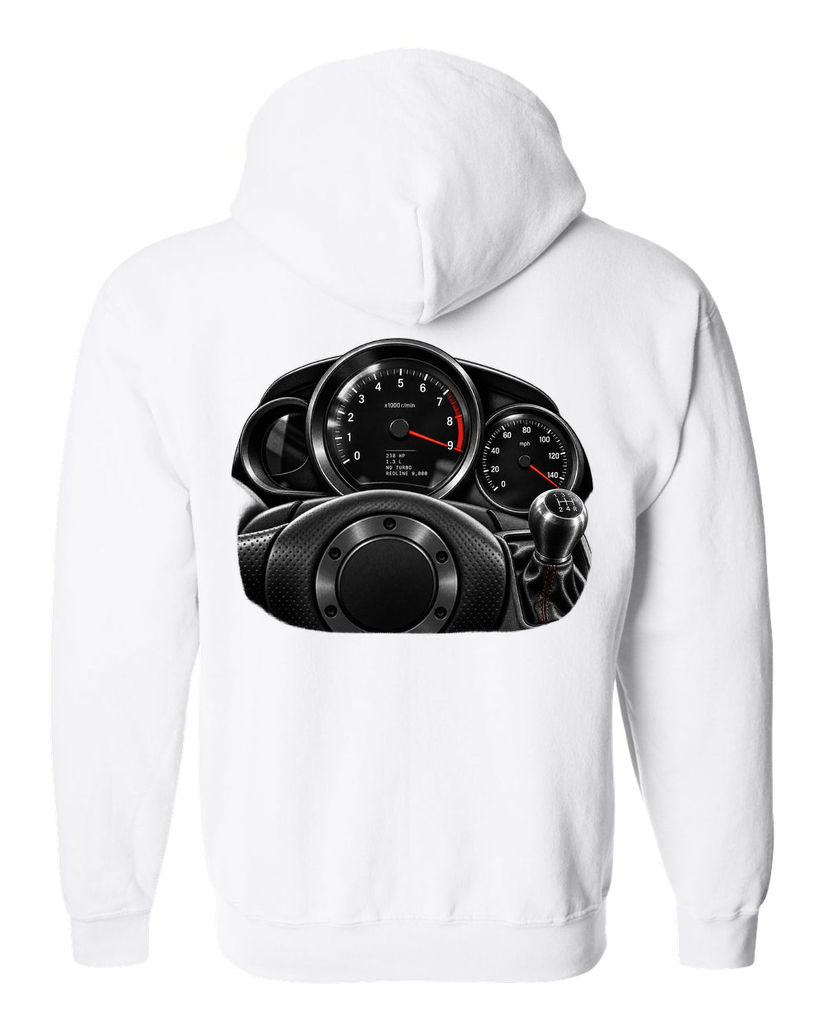 Gauge cluster print of a Mazda RX-8 SE3P with 9,000 redline lettering white zip hoodie back view with the design