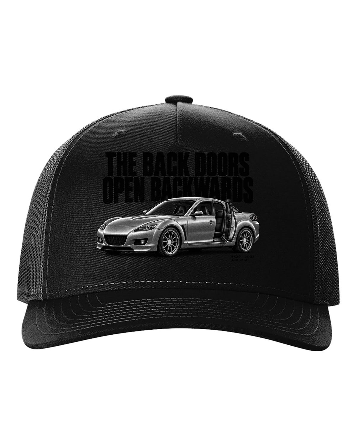 Halftone print of a Mazda RX-8 SE3P with back doors lettering black hat front view with the design