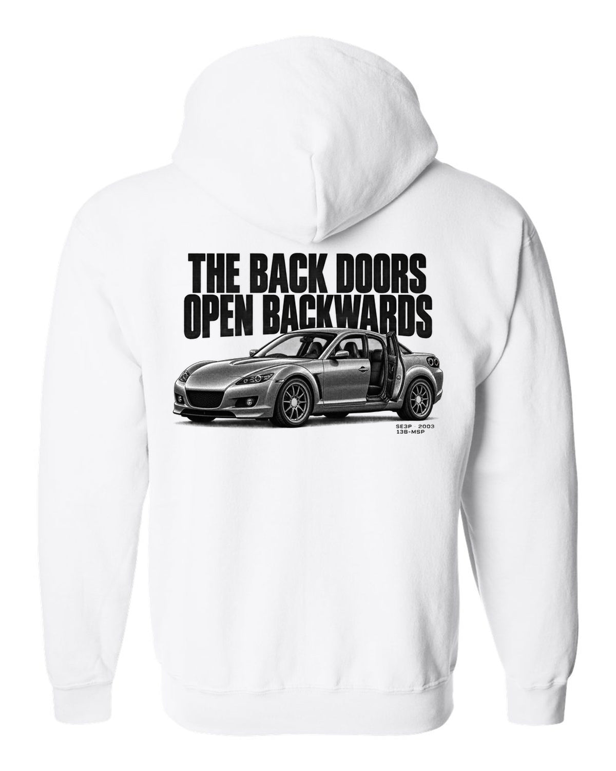 Halftone print of a Mazda RX-8 SE3P with back doors lettering white zip hoodie back view with the design