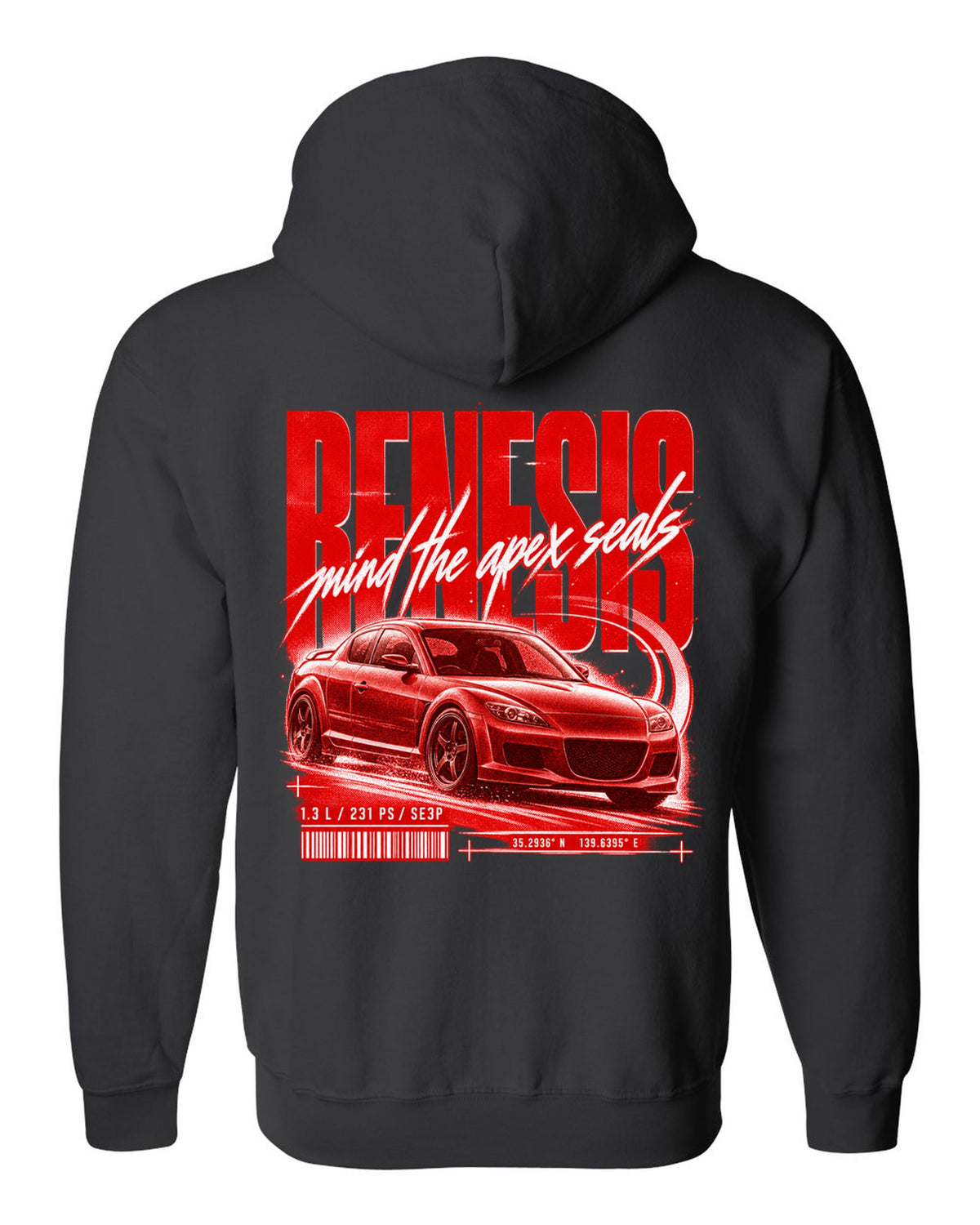 Street poster print of a Mazda RX-8 SE3P Series 1 with Renesis lettering black zip hoodie back view with the design