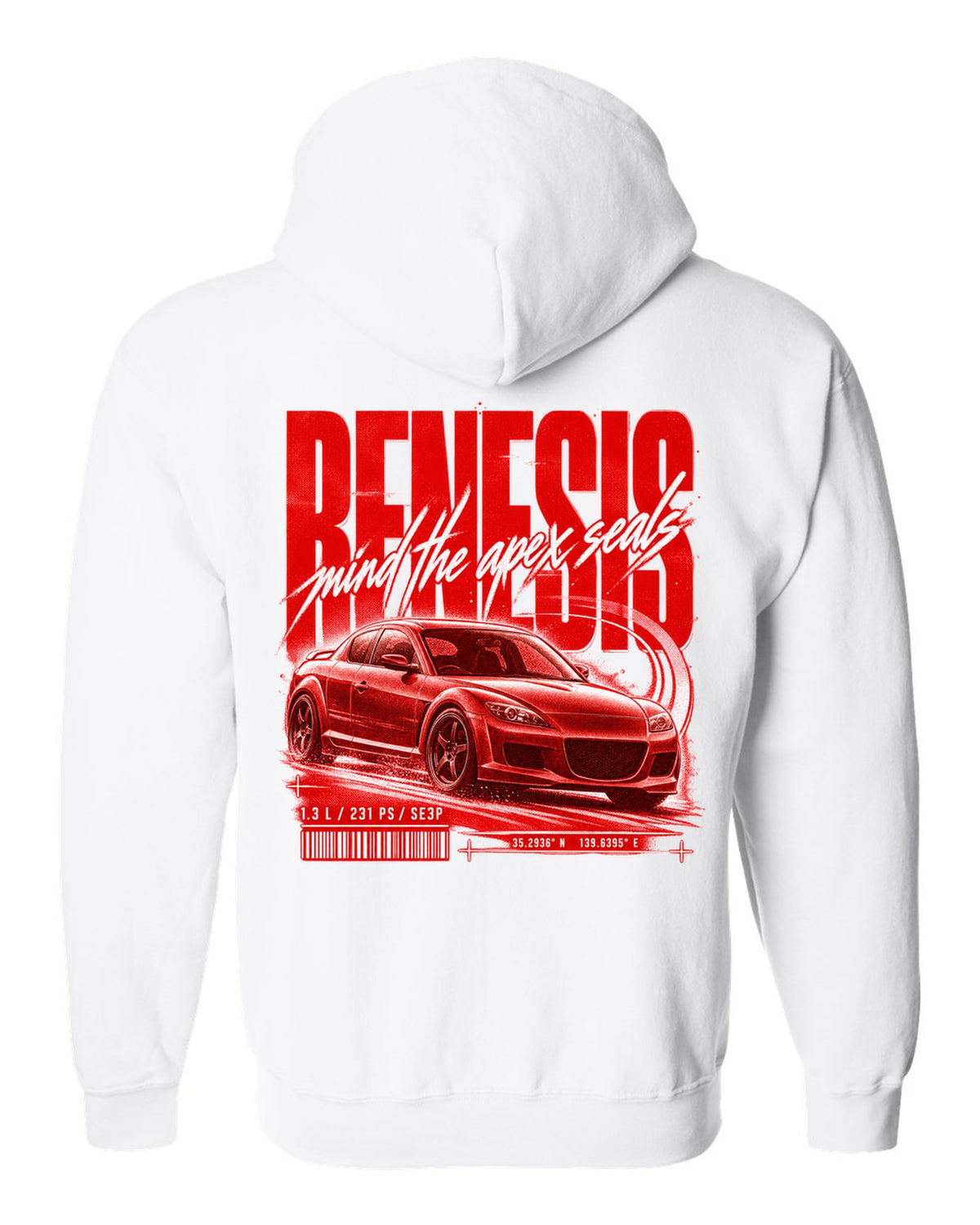 Street poster print of a Mazda RX-8 SE3P Series 1 with Renesis lettering white zip hoodie back view with the design