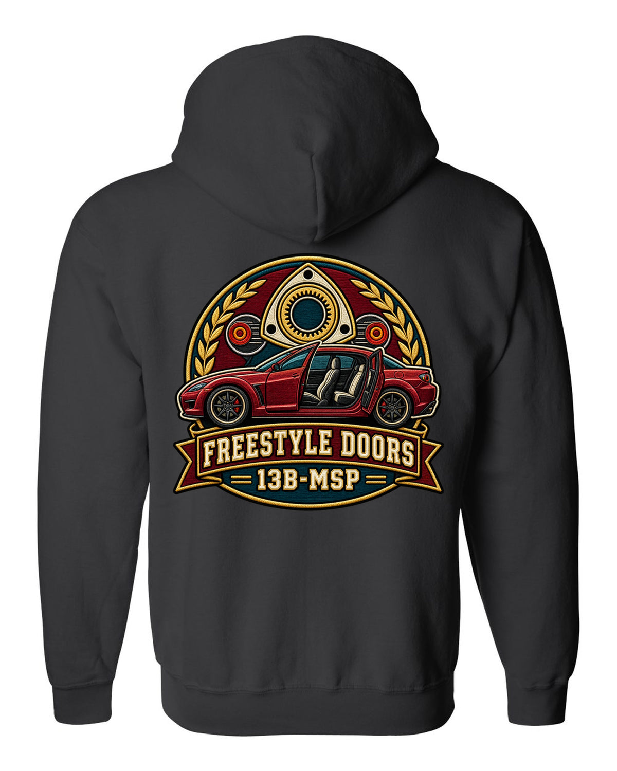 Varsity-style crest of a Mazda RX-8 SE3P with freestyle doors and 13B-MSP text black zip hoodie back view with the design