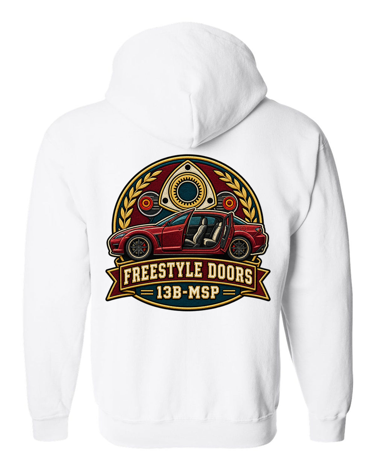 Varsity-style crest of a Mazda RX-8 SE3P with freestyle doors and 13B-MSP text white zip hoodie back view with the design