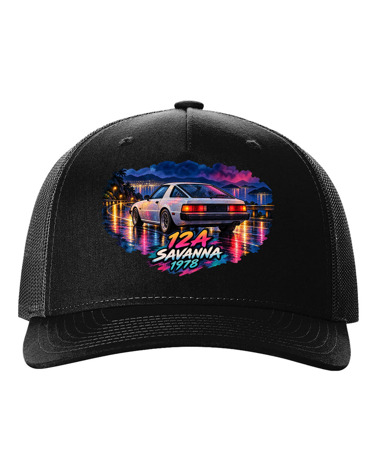 Watercolour wet road night print of a Mazda Savanna RX-7 SA22C with text 12A, Savanna, 1978 black hat front view with the design