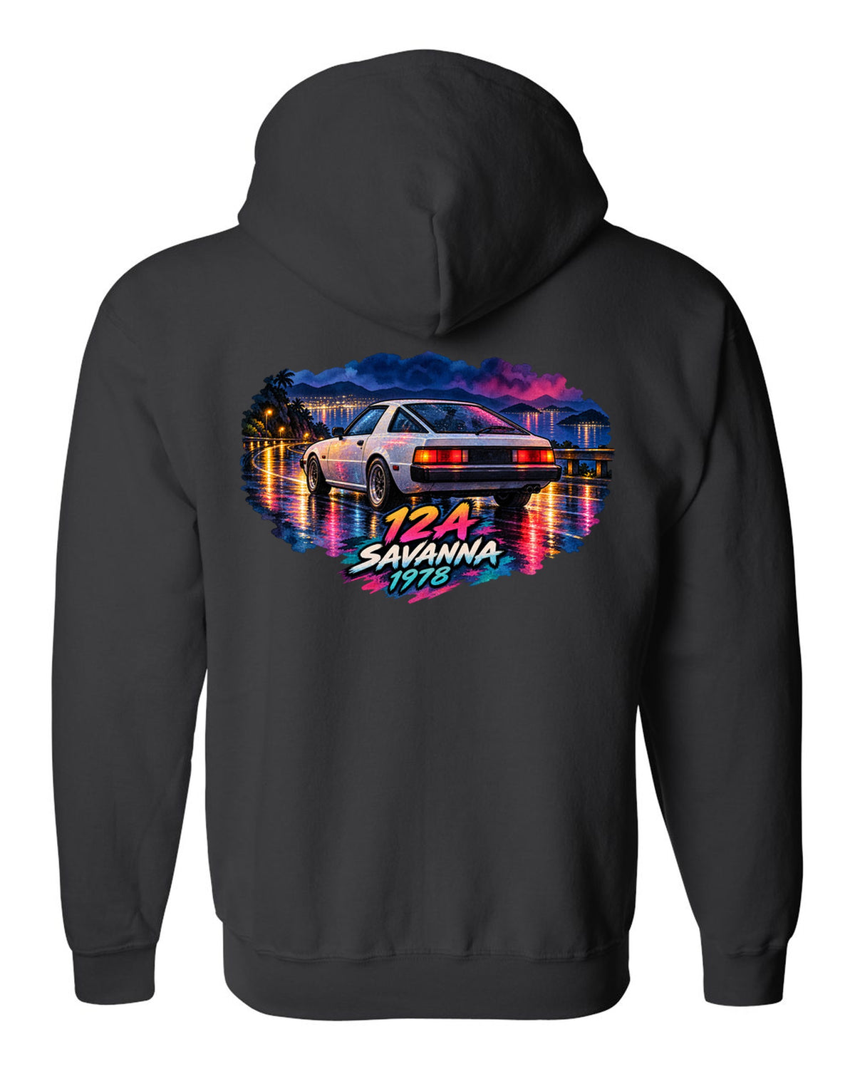 Watercolour wet road night print of a Mazda Savanna RX-7 SA22C with text 12A, Savanna, 1978 black zip hoodie back view with the design