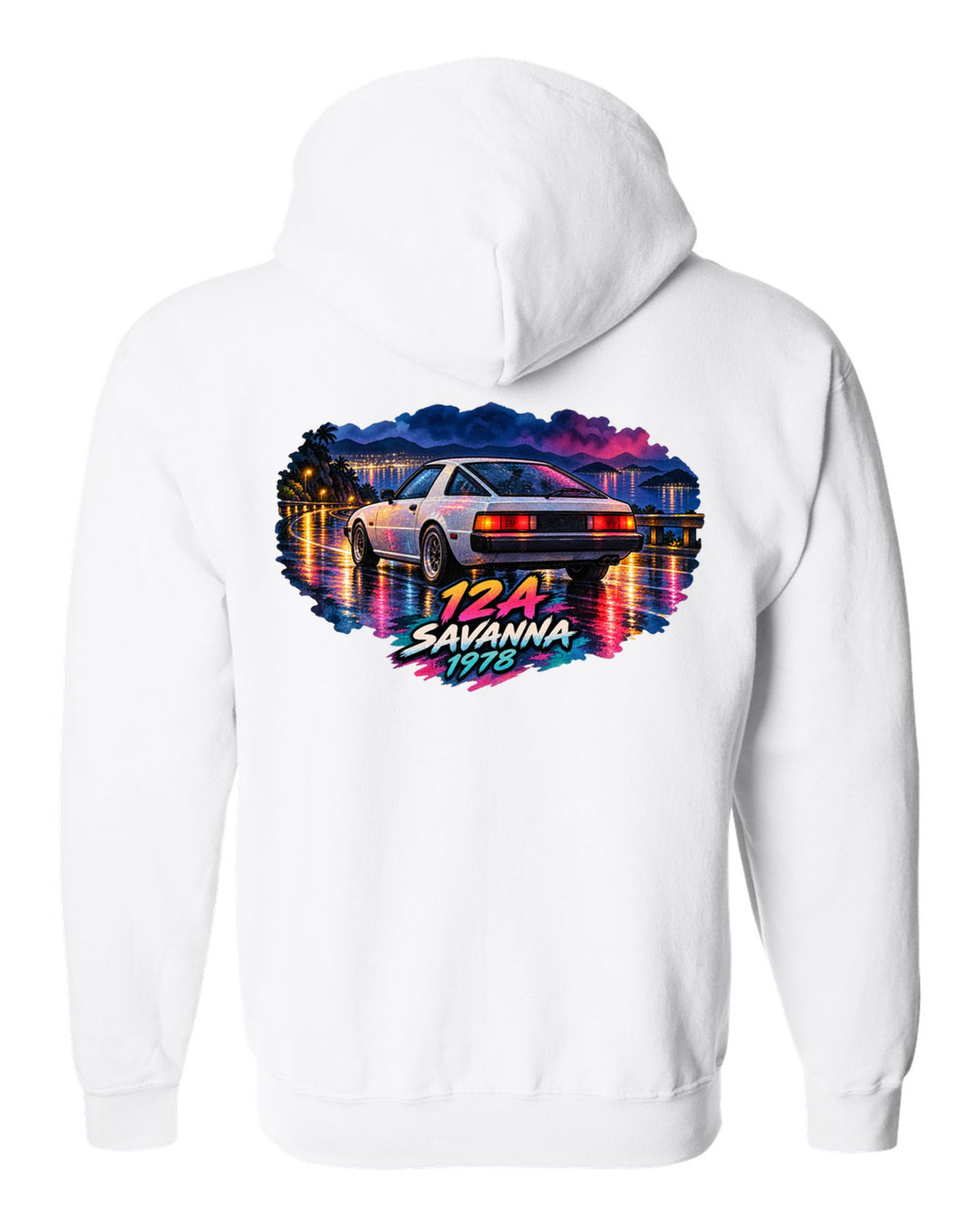Watercolour wet road night print of a Mazda Savanna RX-7 SA22C with text 12A, Savanna, 1978 white zip hoodie back view with the design