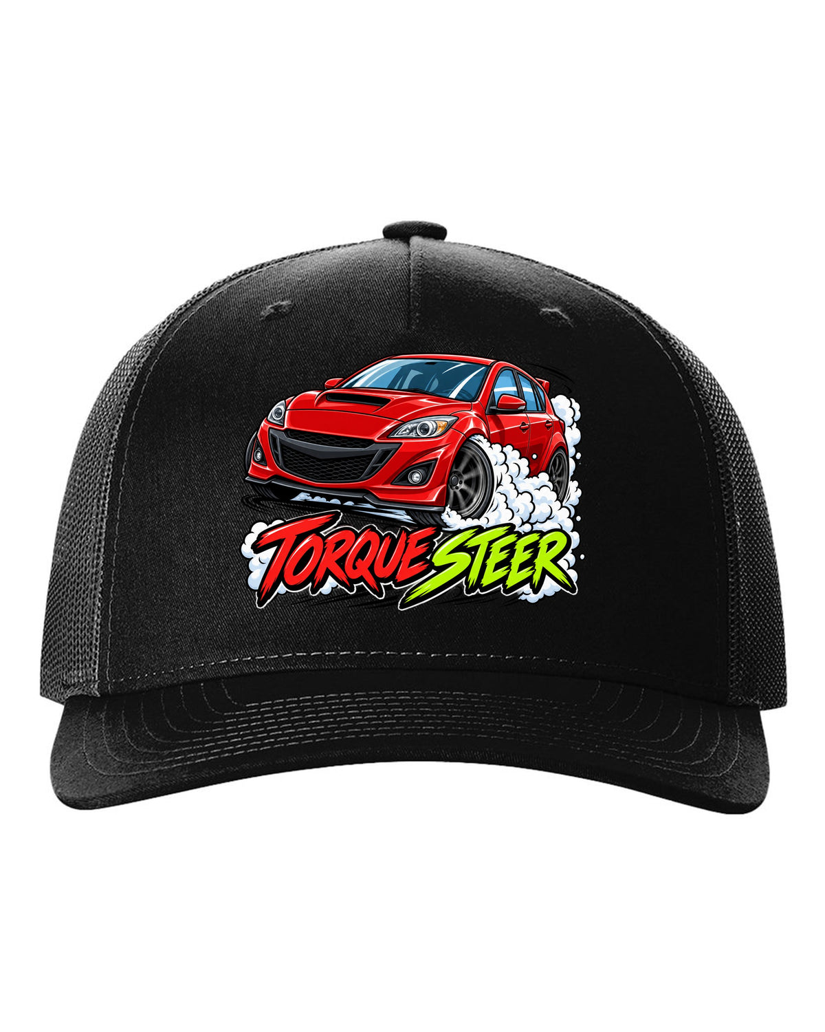 Double-exposure vector design of the Mazdaspeed Miata NB turbo with NB / 178 HP lettering black hat front view with the design
