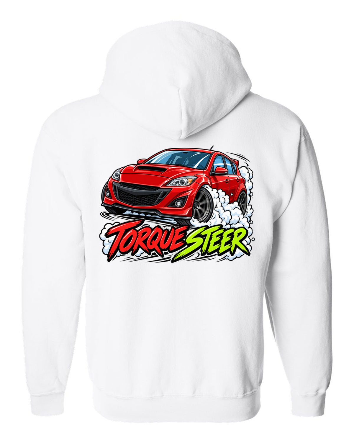 Double-exposure vector design of the Mazdaspeed Miata NB turbo with NB / 178 HP lettering white zip hoodie back view with the design
