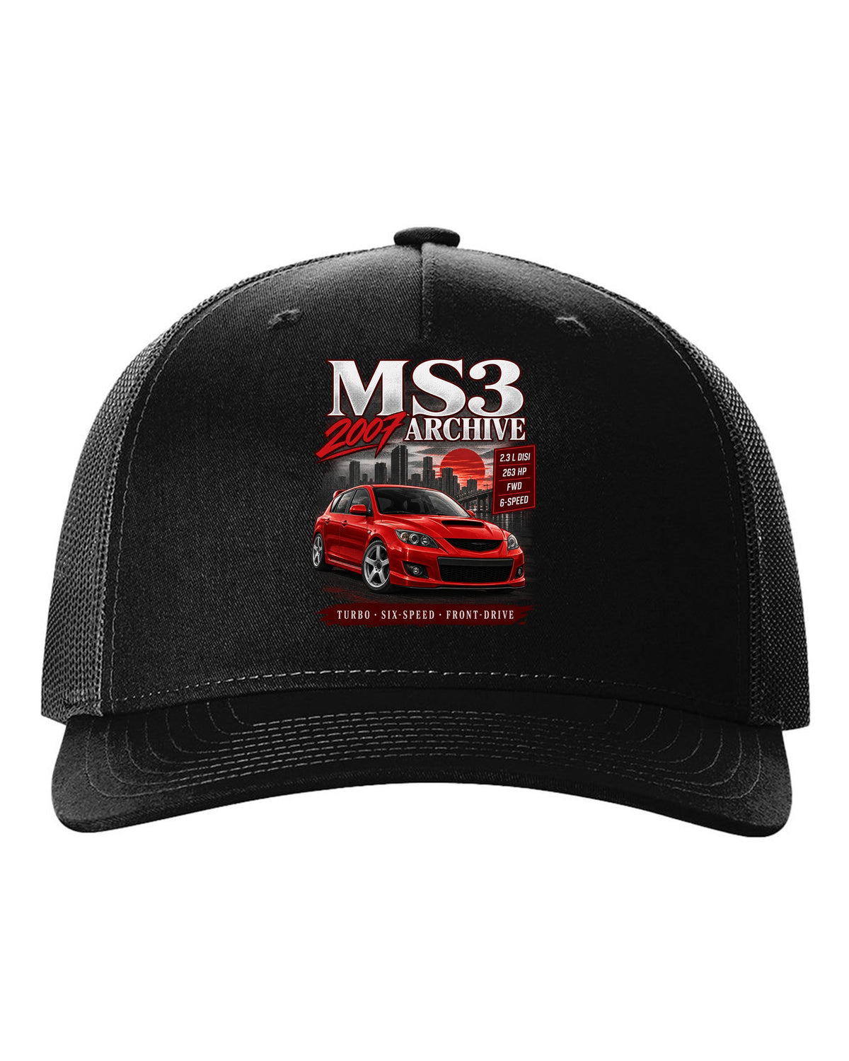 Mazdaspeed3 front three-quarter archive panel with MS3 Archive 2007 heading black hat front view with the design