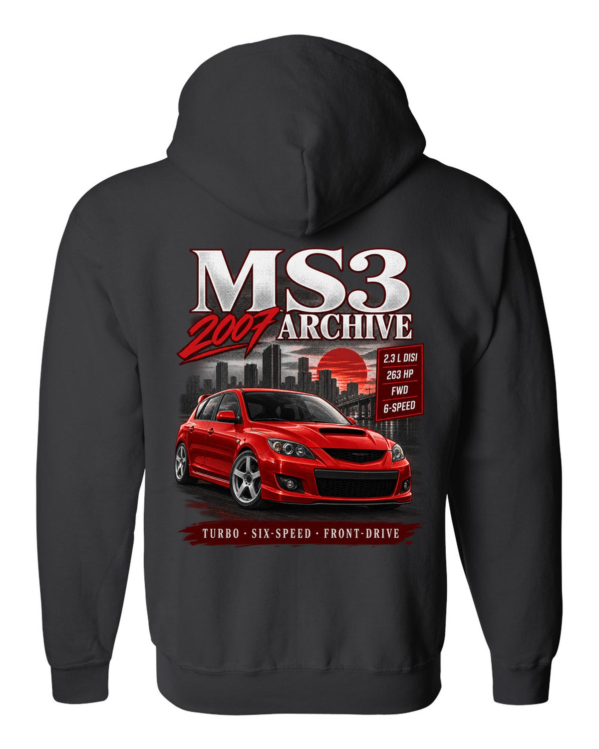 Mazdaspeed3 front three-quarter archive panel with MS3 Archive 2007 heading black zip hoodie back view with the design