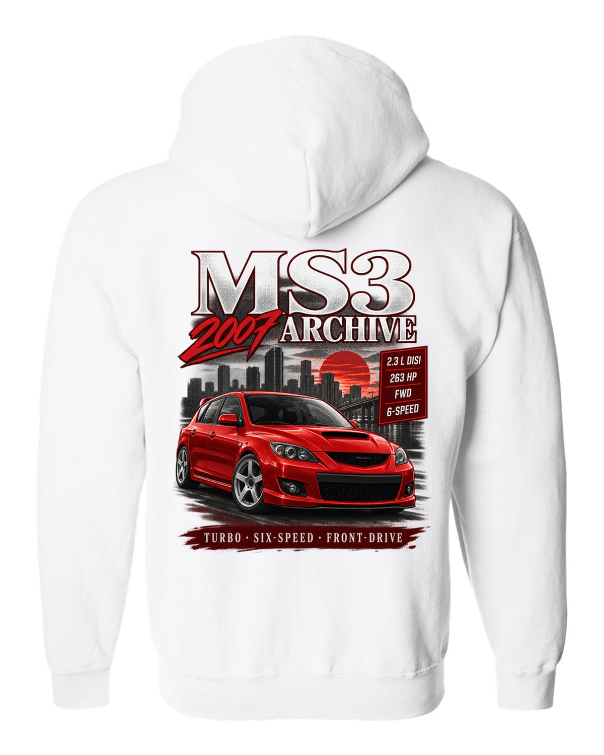 Mazdaspeed3 front three-quarter archive panel with MS3 Archive 2007 heading white zip hoodie back view with the design