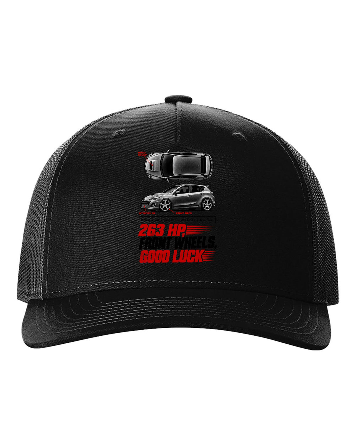 Top-down and profile views of a Mazdaspeed3 BK with 263 HP spec poster text black hat front view with the design