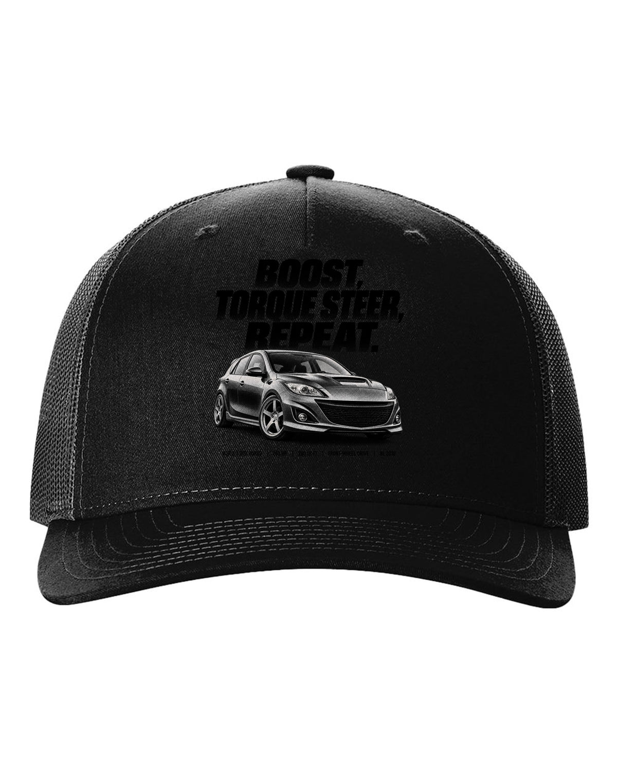 Halftone print for the 2010 Mazdaspeed3 BL reading boost, torque steer, repeat with MZR 2.3 DISI specs black hat front view with the design