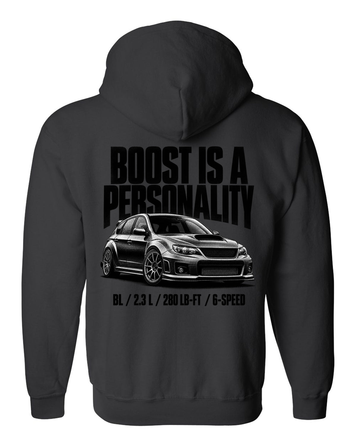 Halftone carbon print of a Mazdaspeed3 BL with boost lettering black zip hoodie back view with the design