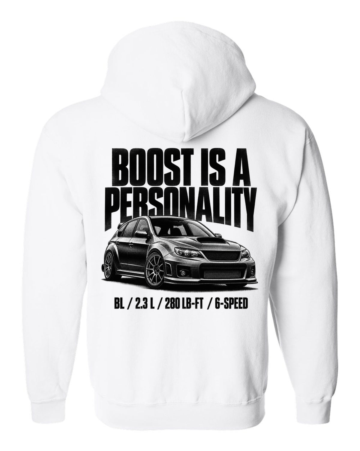 Halftone carbon print of a Mazdaspeed3 BL with boost lettering white zip hoodie back view with the design