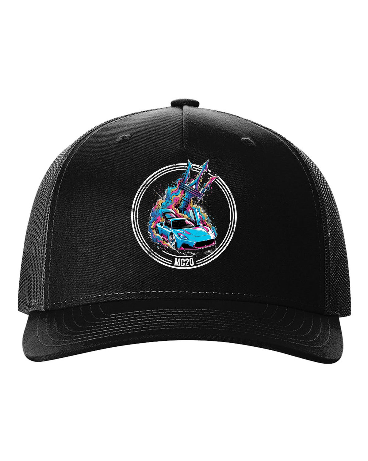 Maserati MC20 Trident black trucker hat front view with the design
