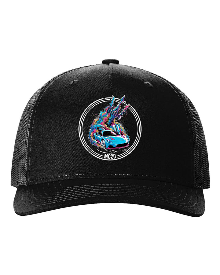 Maserati MC20 Trident black trucker hat front view with the design