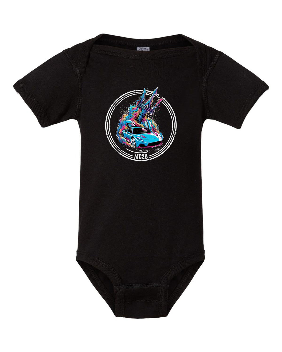 Maserati MC20 Trident black baby onesie front view with the design