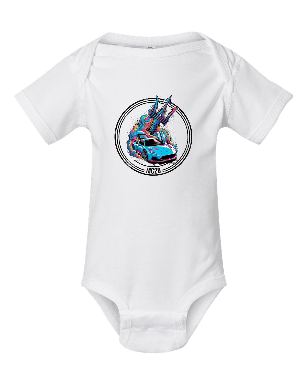 Maserati MC20 Trident white baby onesie front view with the design