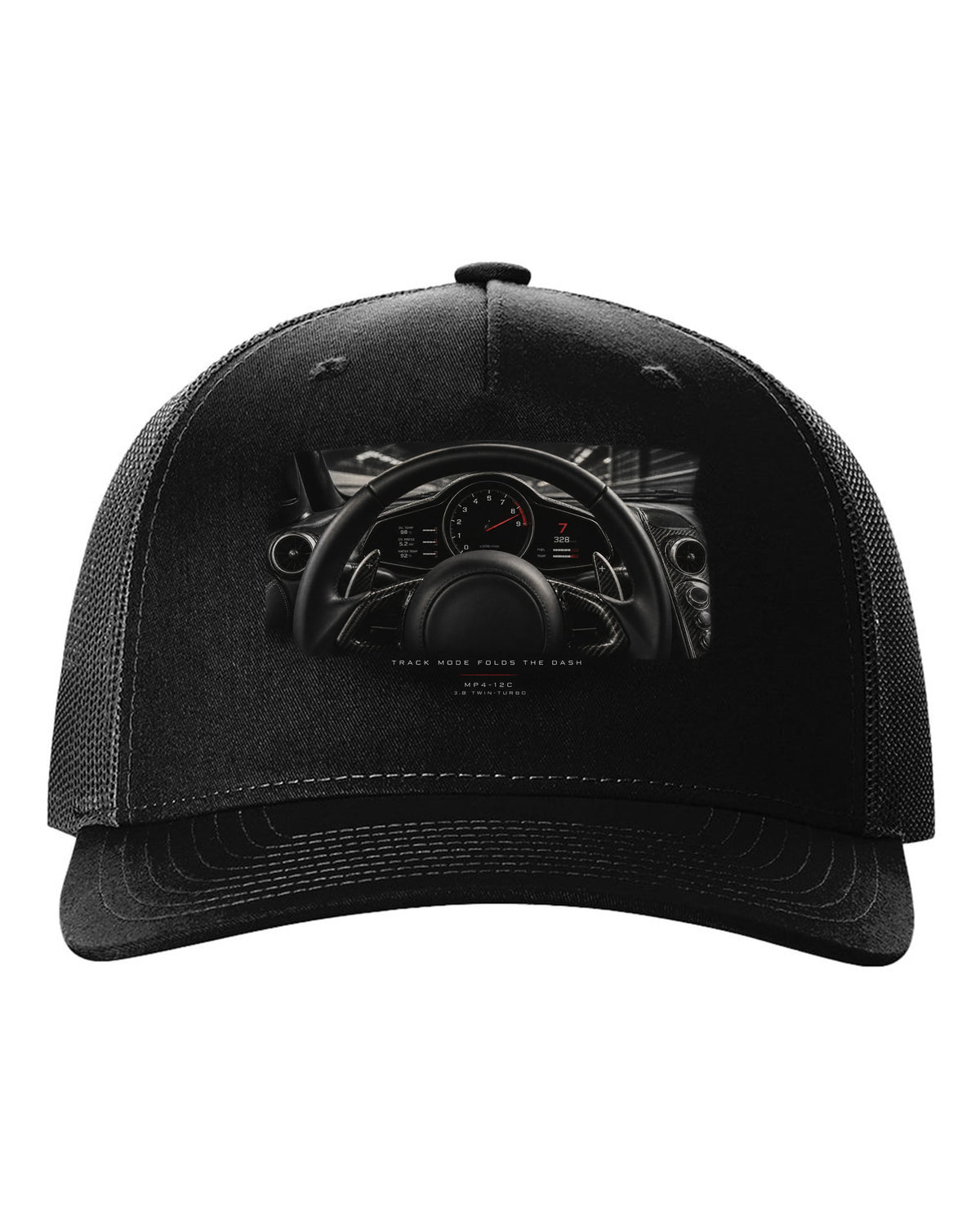 Cockpit gauge print of a 2011 McLaren 12C MP4-12C with folding dash text black hat front view with the design