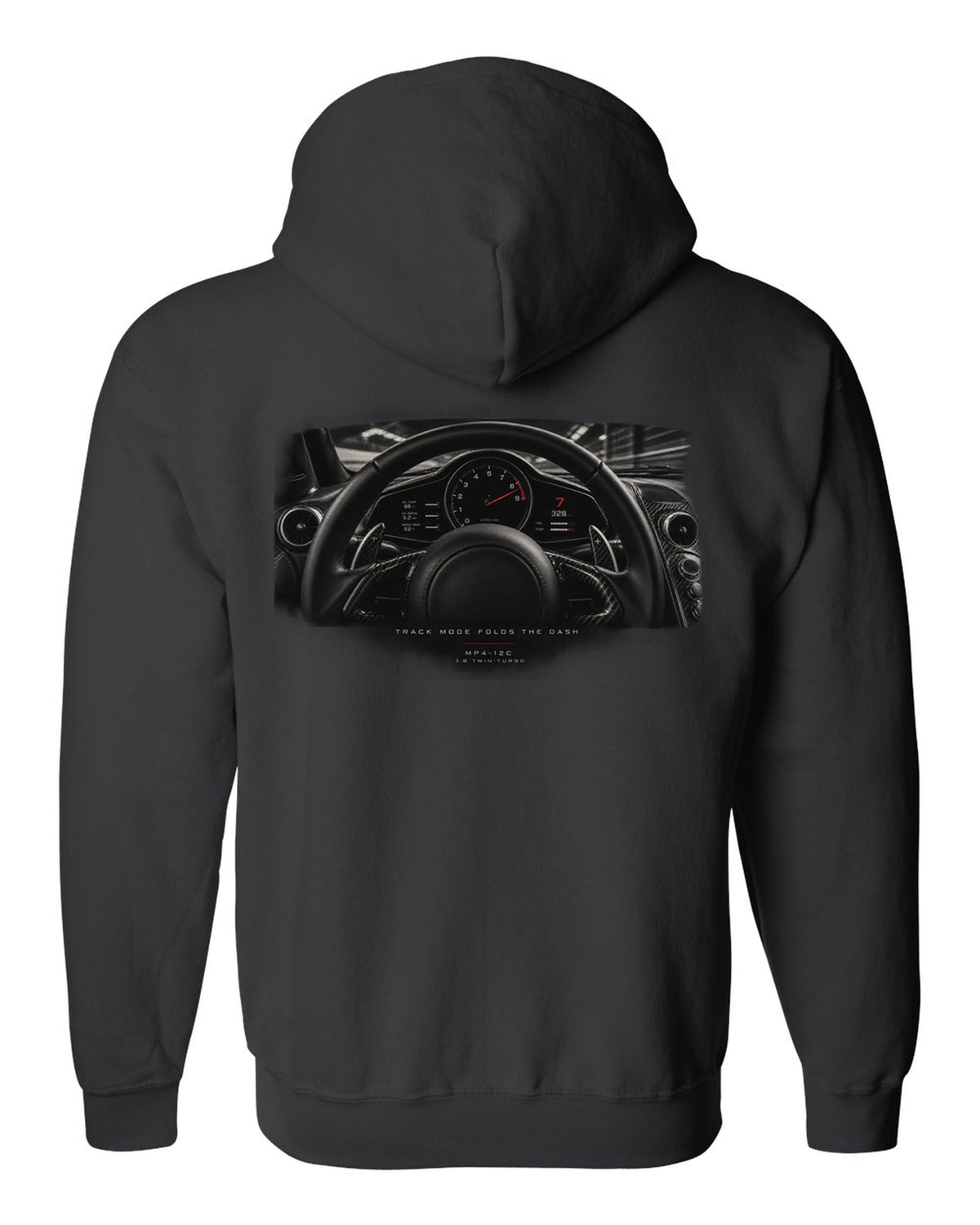 Cockpit gauge print of a 2011 McLaren 12C MP4-12C with folding dash text black zip hoodie back view with the design