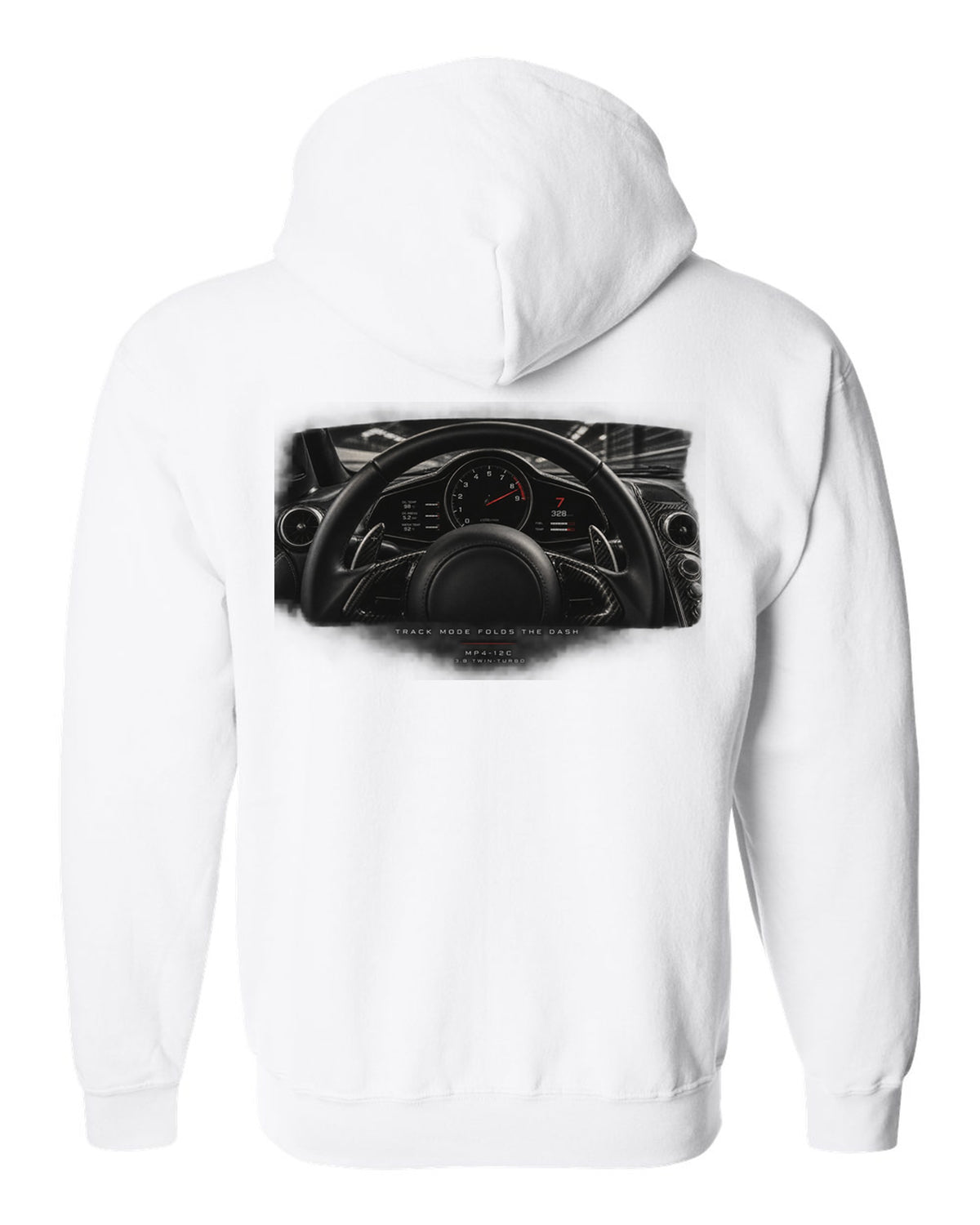 Cockpit gauge print of a 2011 McLaren 12C MP4-12C with folding dash text white zip hoodie back view with the design