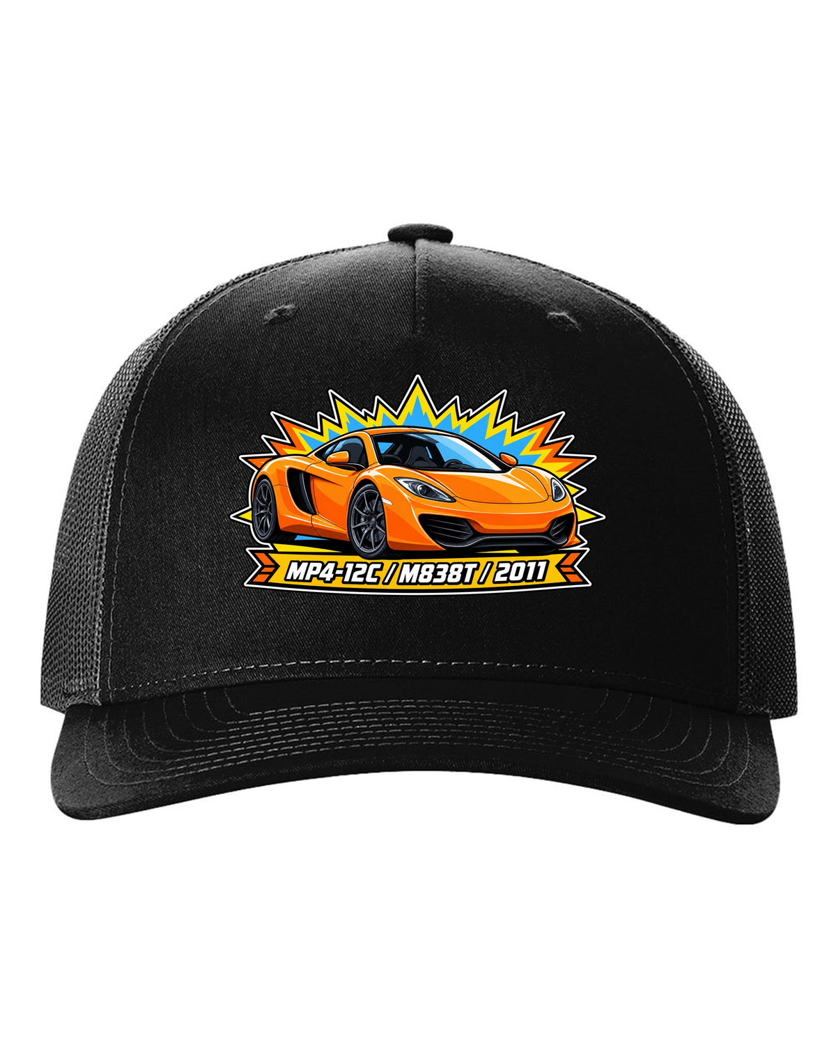Toy blister card print of a McLaren 12C with MP4-12C, M838T and 2011 lettering black hat front view with the design