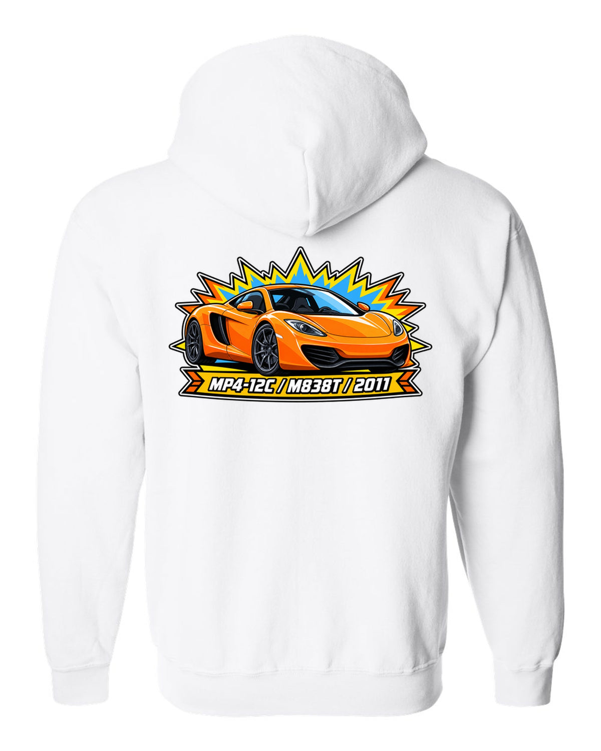 Toy blister card print of a McLaren 12C with MP4-12C, M838T and 2011 lettering white zip hoodie back view with the design