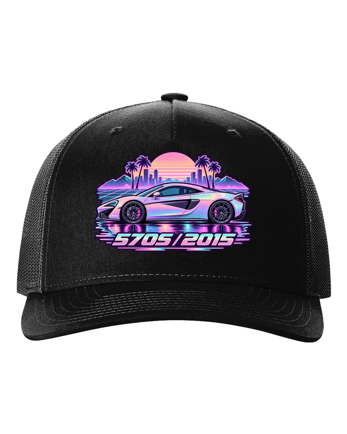 McLaren 570S vaporwave pastel rain print with 570S 2015 lettering black hat front view with the design