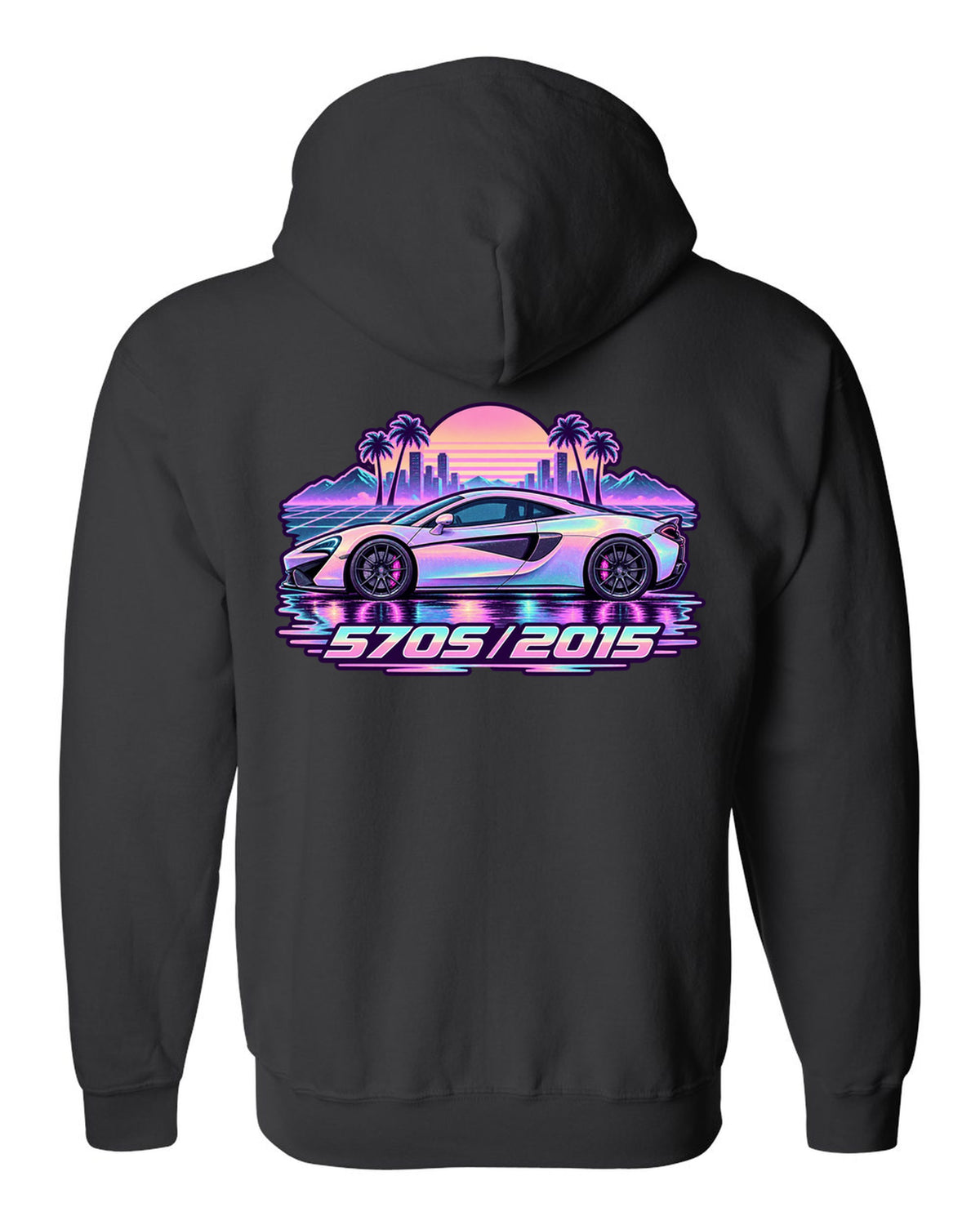 McLaren 570S vaporwave pastel rain print with 570S 2015 lettering black zip hoodie back view with the design