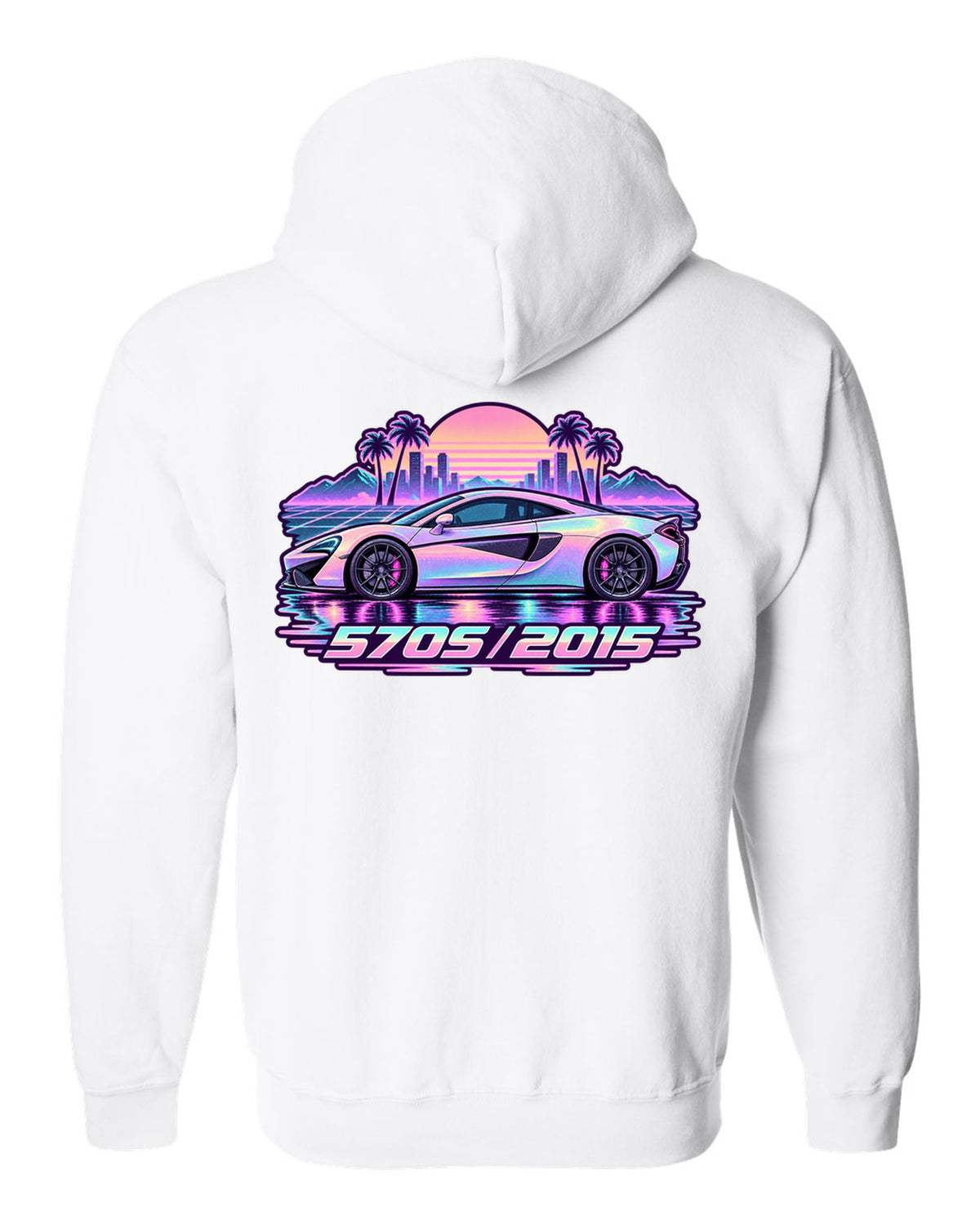 McLaren 570S vaporwave pastel rain print with 570S 2015 lettering white zip hoodie back view with the design