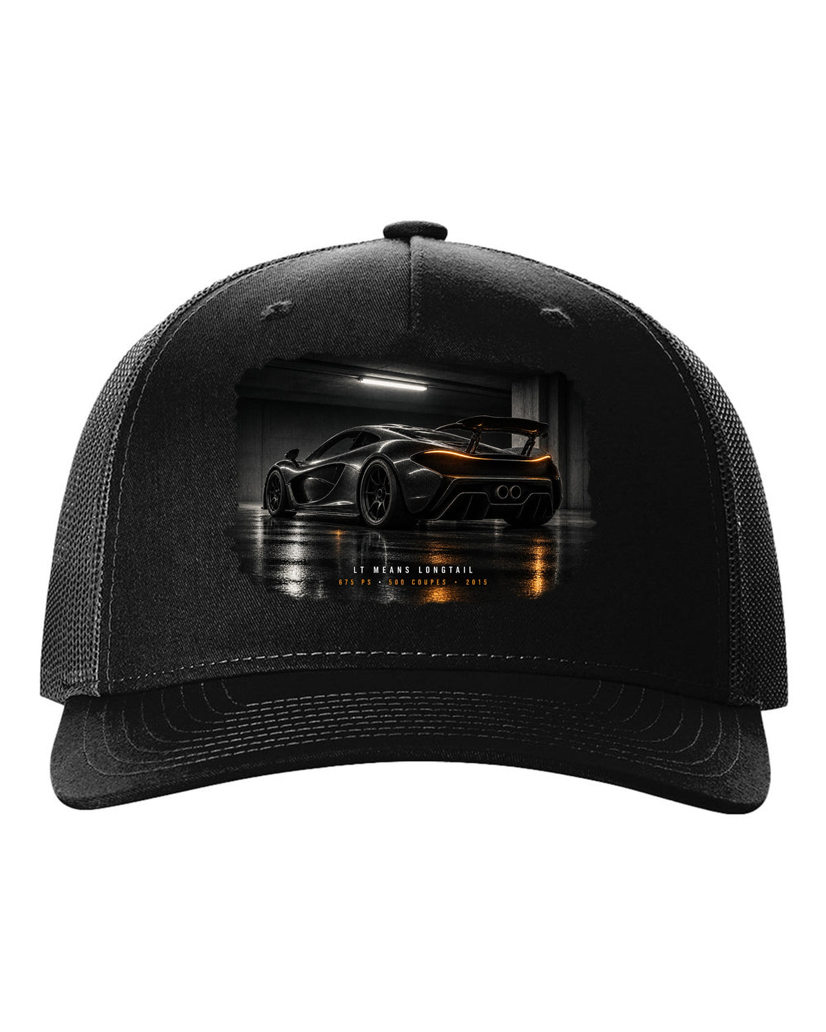 Garage night print of a 2015 McLaren 675LT with Longtail and 500 coupes text black hat front view with the design