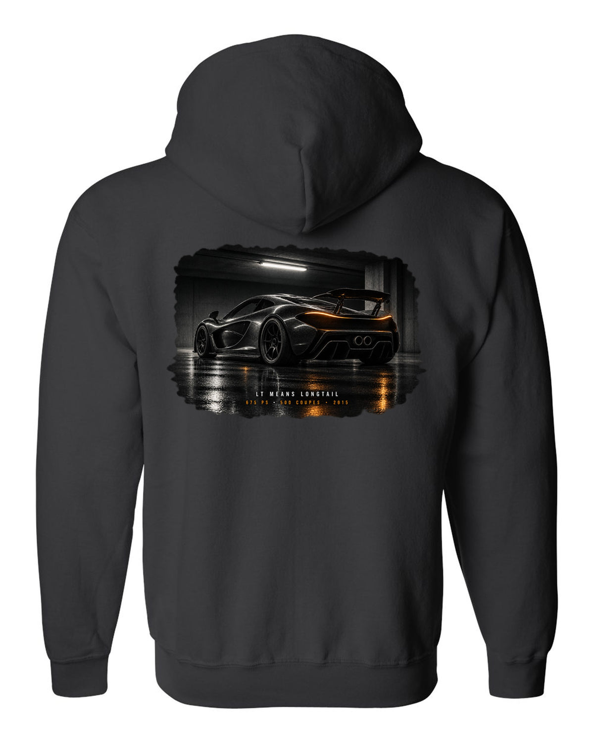 Garage night print of a 2015 McLaren 675LT with Longtail and 500 coupes text black zip hoodie back view with the design